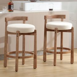 1741d  Mid Century Linen Counter Stools Set of 2, Upholstered 26.5” Seat Height Low Barstools with Natural Wood Legs Round Low Back Kitchen Stools wit