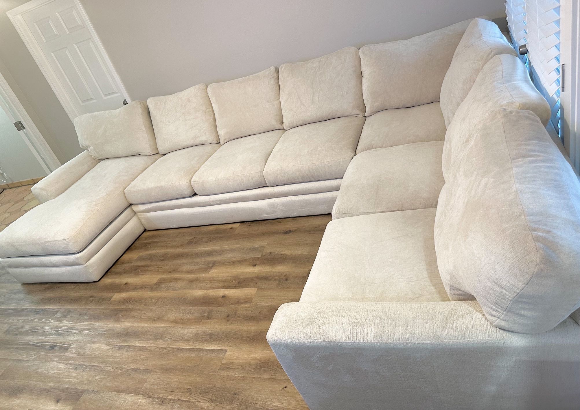 Down Feather 3 Piece Chaise Sectional, Cream Chenille Performance Fabric
