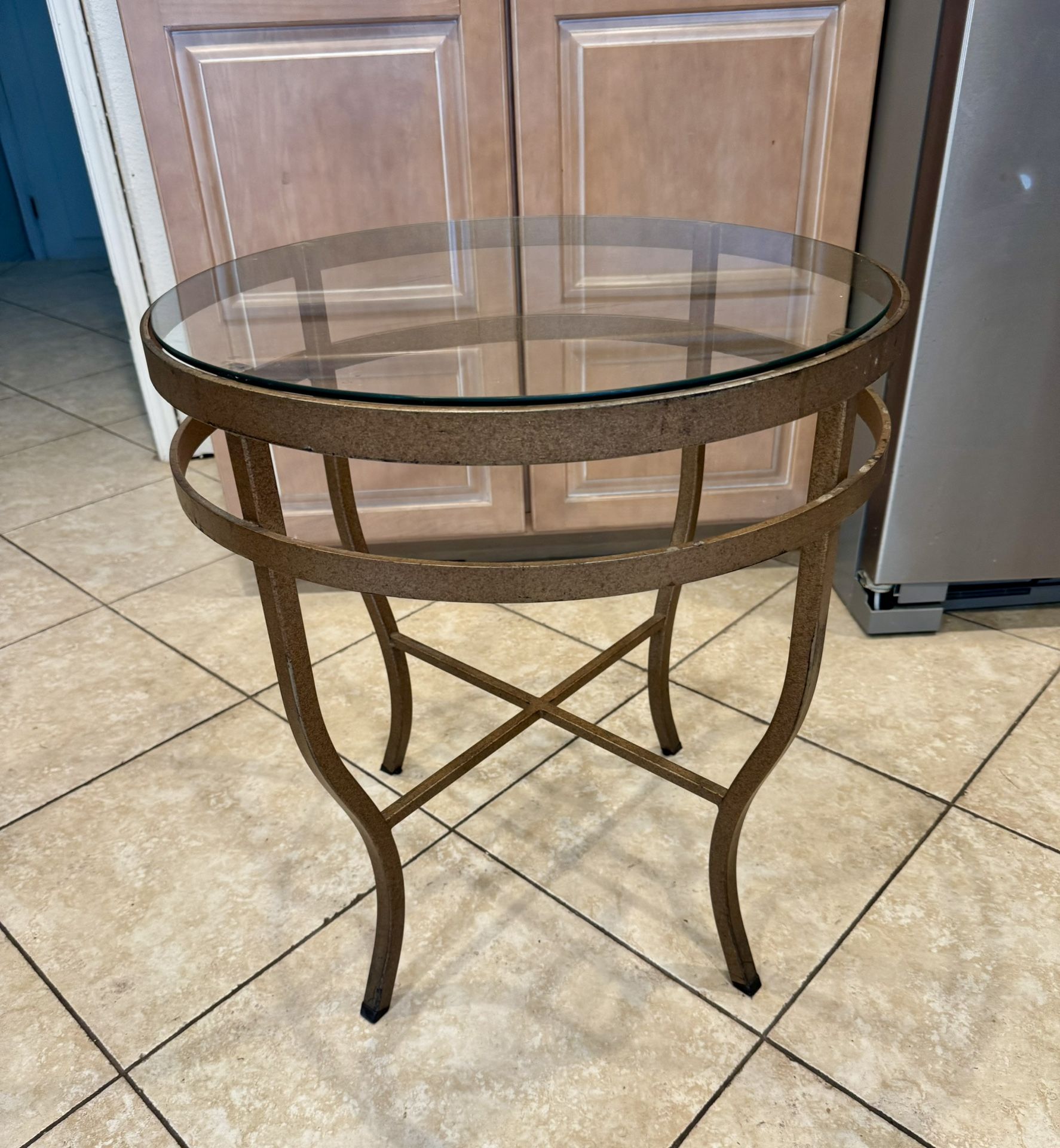 Metal glass top round end table