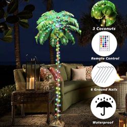 LED Lighted Palm Tree with Coconuts Color Changing Artificial Lights Remote Control, 6 FT Tropical Palm Tree for Pool Beach Yard Summer Party Home Haw
