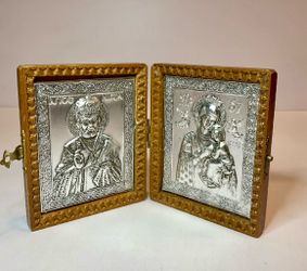 Greek Orthodox Wooden Diptych Icon St Nicholas Virgin Mary Jesus Silver Tone