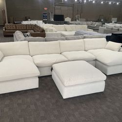 Cream White Feather Down Double Chaise Sectional 