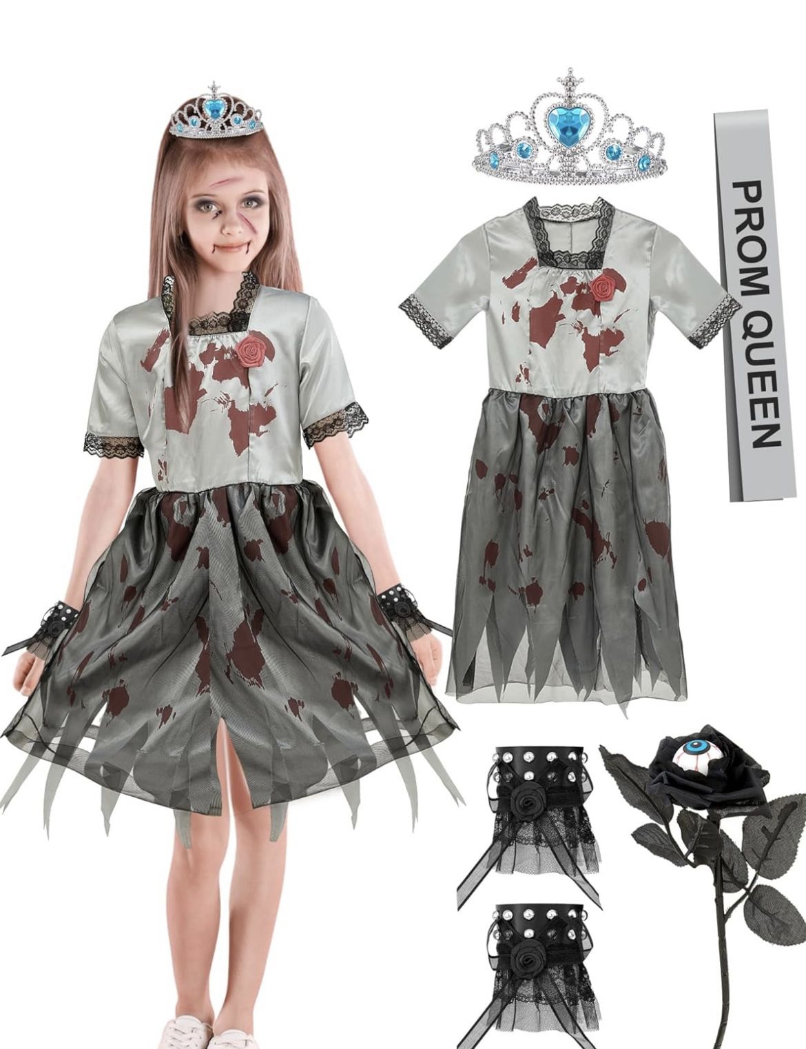  Bloody Prom Queen Costume Kit Halloween Cosplay Zombie Prom Queen Child Costume Dress Crown Sash Rose Bracelet
