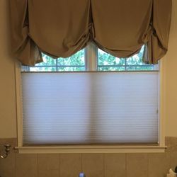 56 1/2” and 23 1/2” Custom blinds and drapes ($500 new) Too down bottom up blinds (corded)