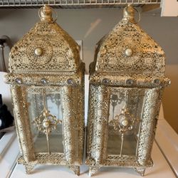 Pier 1 pair (2)Decorative Metal Tabletop Lantern Candle Holder Whitewashed Antique Approximately 18"H × 7"L × 7"W