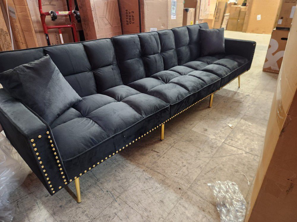NEW Large 9ft long futon sofa couch black velvet with gold NEW
All three sections fold down for futon Sleeper
Very cool
$395 cash no tax
Pick up Mesa 