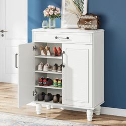 F1725 16-Pair Shoe Cabinet, Wooden Shoe Organizer with Adjustable Shelves and Drawer