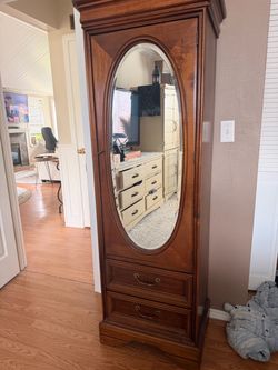 Traditional Wood Mirrored Wardrobe / Jewelry Armoire – Shelves + Drawers
