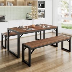 43x28 Kitchen Dining Table Set for 4 with Benches, Rustic Small Space Saving Dinette, Heavy Duty Metal Frame