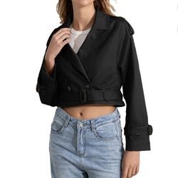 Women Jackets Fall Lapel Cropped Jacket With Belt Solid Slim Double Breasted Short Trench Outwears Jacket