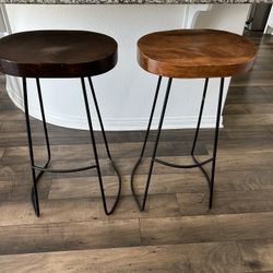 Wooden  Seated Stool Metal Legs 