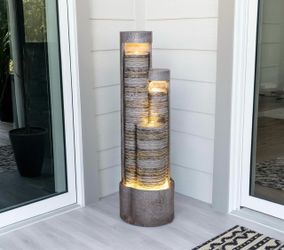 1006 39.76" Tall Indoor Outdoor Water Fountain Modern Water Feature Stone-Textured Cascading Floor-Standing Fountains with Led Lights for Garden, Pati