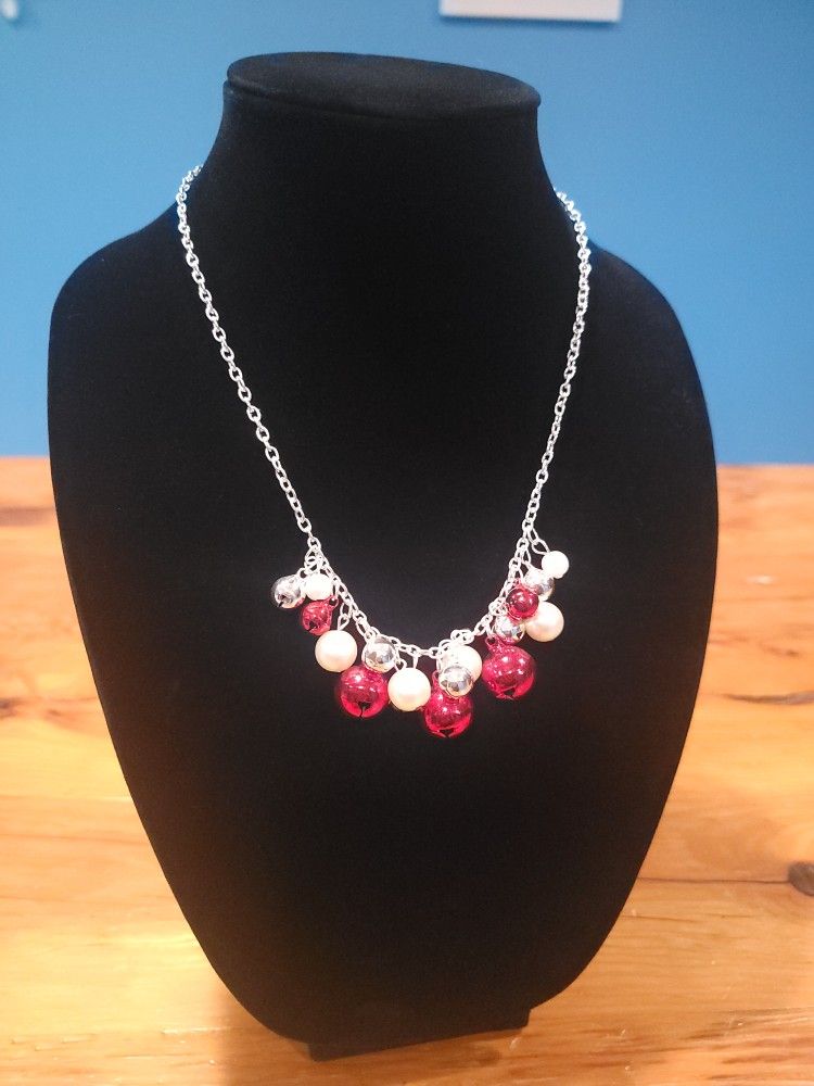 Adjustable Necklace With Red Bells, Pearls, & Silver Beads