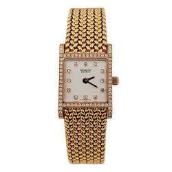 Ladies Sarcar Time Square Lady 18K Yellow Gold Watch with Solid Gold Band, Pearl White Diamond Dial and Diamond Bezel. (NEW 51503)