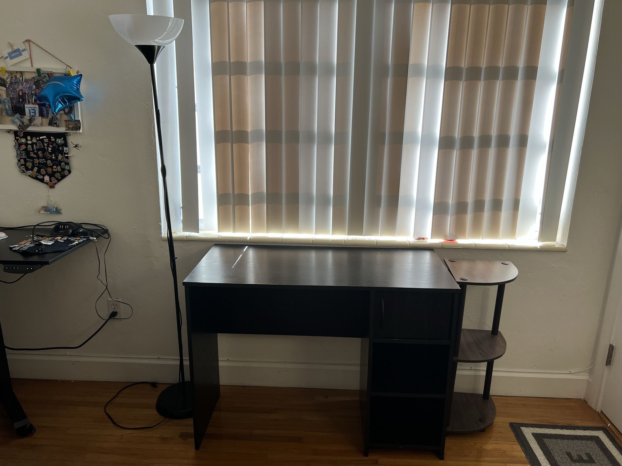 Combo: Computer Desk, Corner Shelf and Floor Lamp