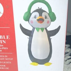 4 Foot Christmas Inflatable Light Up Penguin Headphones Indoor Outdoor Decor