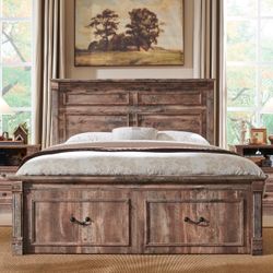 Farmhouse Full Size Bed Frame with 51" Tall Headboard, Wood Platform Bed Frame with 20" Tall Roman Column Decoration Footboard & 2 Large Storage Drawe