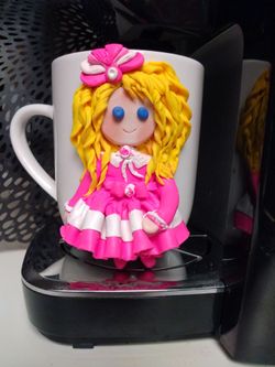 tea cup "Doll girl in pink" handmade from polymer clay.The only copy.Good for a gift.