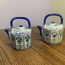 Pair of Vintage Ben Rickert Floral Ceramic Teapots with Blue Handles