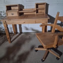 Antic Wood Desk & Chairs 