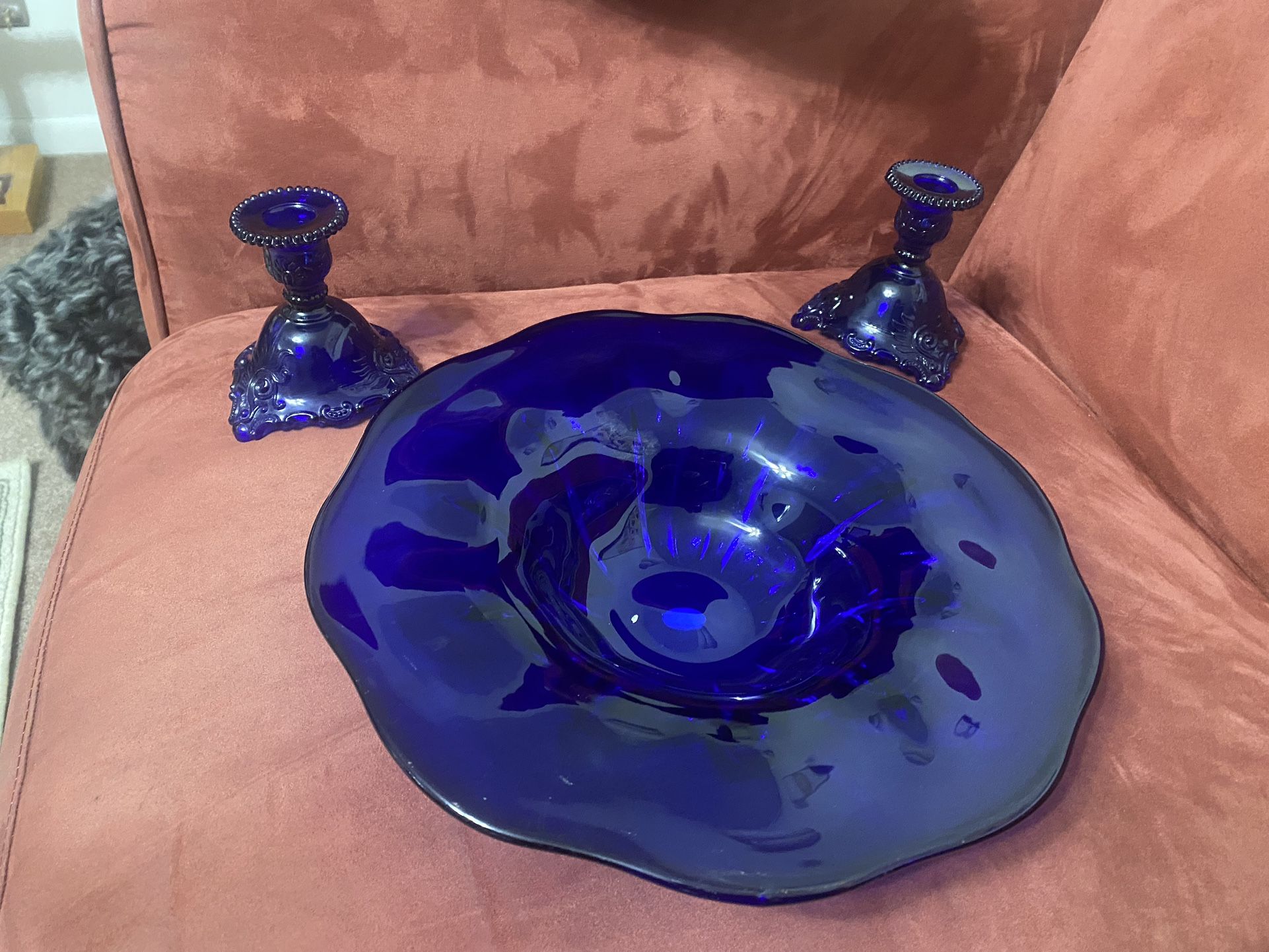 Vintage Glass Bowl & Candlesticks