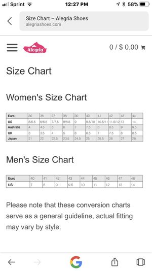 Alegria Size Chart