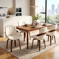 Swivel Dining Chairs Set of 4, Mid-Century Modern White Leather Kitchen Chairs with Bentwood Legs