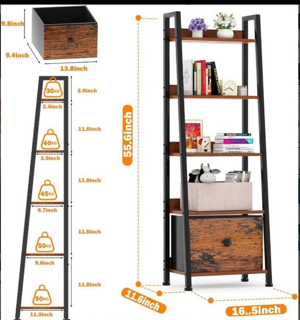 5-Tier Ladder Shelf, Ladder Bookshelf