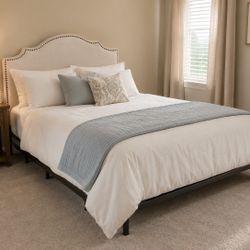 Full Bed Frame with Upholstered Nailhead Headboard and mattress & box