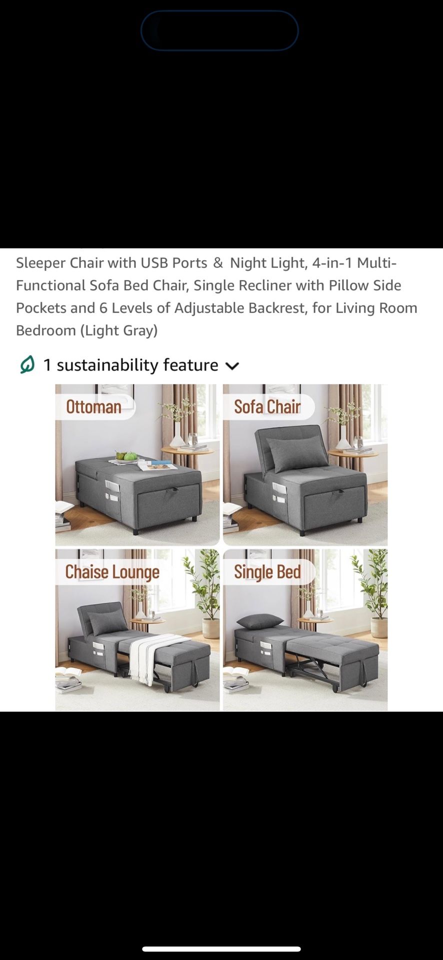 Sleeper Chair With USB Ports & Night Lights 4-in-1 Multi Functional