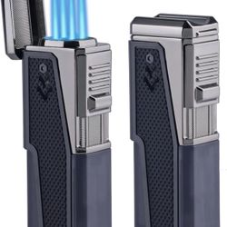 2 Pack Torch Lighter Quadruple Jet Flame Windproof Refillable Butane Lighter with Hidden Punch, Butane Not Included (Black)