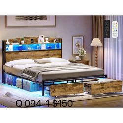 ADORNEVE Queen size LED Bed Frame with USB-C/A Charging Station, Metal Platform Bed with RGB Light Headboard and 2 Storage Drawers, No Box-Spring Need