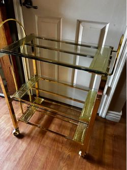 Mid Century Modern Hollywood Regency Bar Cart  3 Tier Shelf Gold Toned on Wheels