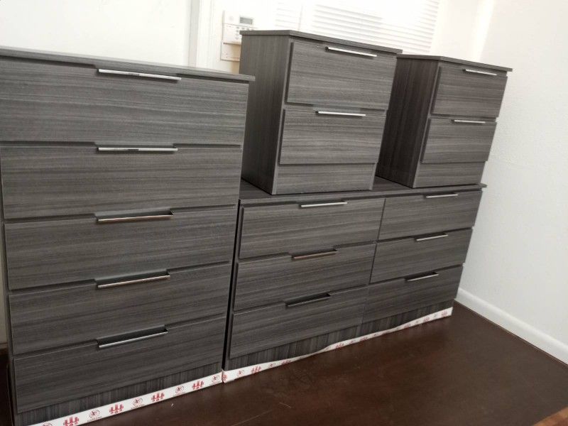 NEW GRAY DRESSER CHEST AND 2 NIGHTSTANDS. ALSO SOLD SEPARATELY