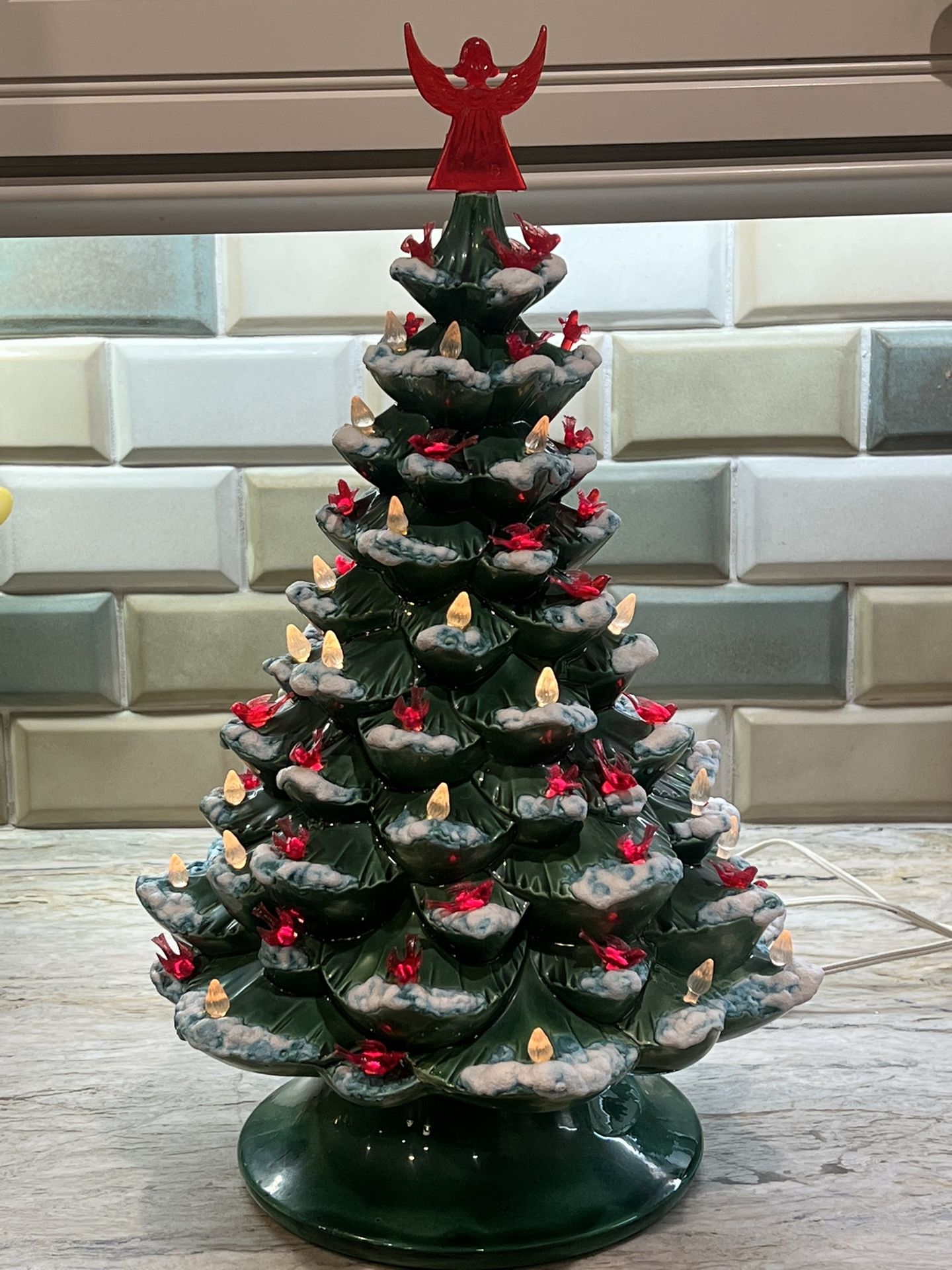 Vintage ARNEL Ceramic Green Flocked Christmas Tree Light Up & Music