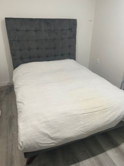Queen Bed Frame — Gray Velvet Tufted Headboard
