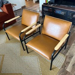2 Faux Leather Wide Accent Chairs in Camel