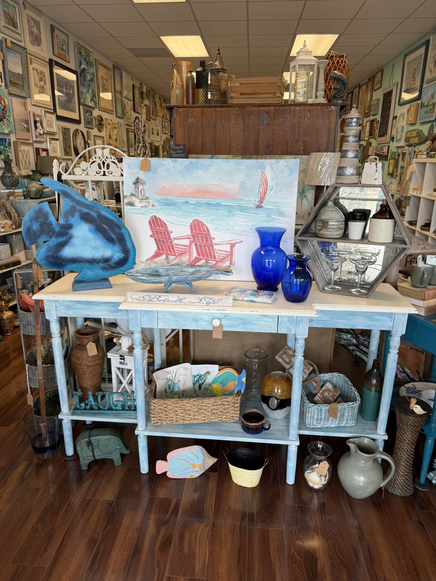 Multicolor Coastal Style Console Table / Entry Table / Buffet– Distressed Wood Sofa Table Unique