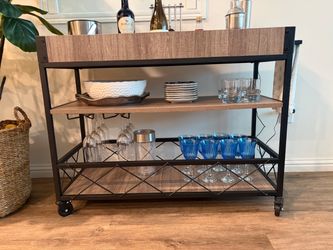 Wood and black wrought iron bar cart