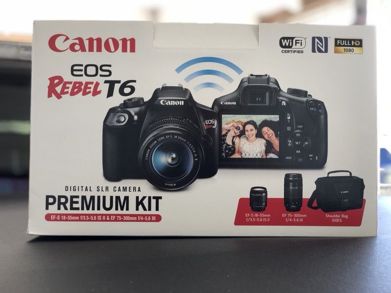 New, Sealed, Canon EOS Rebel T6 DLSR Camera Premium Kit - camera, 2 lenses and bag