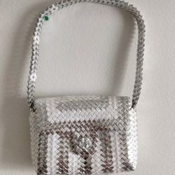 White & Silver Handmade Shoulder Bag 