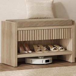 31.3”W Fluted Entryway Shoe Bench with Cushion & Drawer, Light Oak Modern Fluted Design, 300 lb Capacity, 19.69"H Ergonomic Seat, Spacious Drawer, Ope
