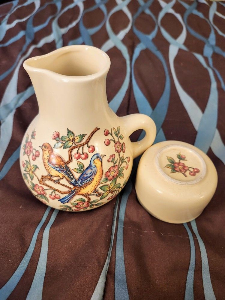 Vintage Bedside Lord and Taylor Pitcher - Ewer With Birds and Flower Blossoms