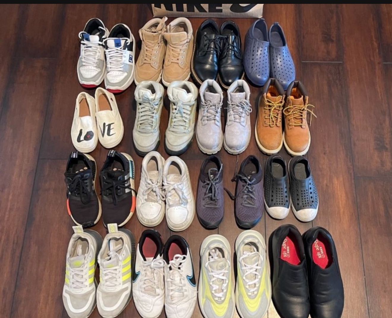 Kids Shoes up left to Right DC size 4y $10 Boots light brown size 4Y $15 Black dress shoes size 4Y $15 Robber water shoes 2.5y $5 White Tom’s Gir