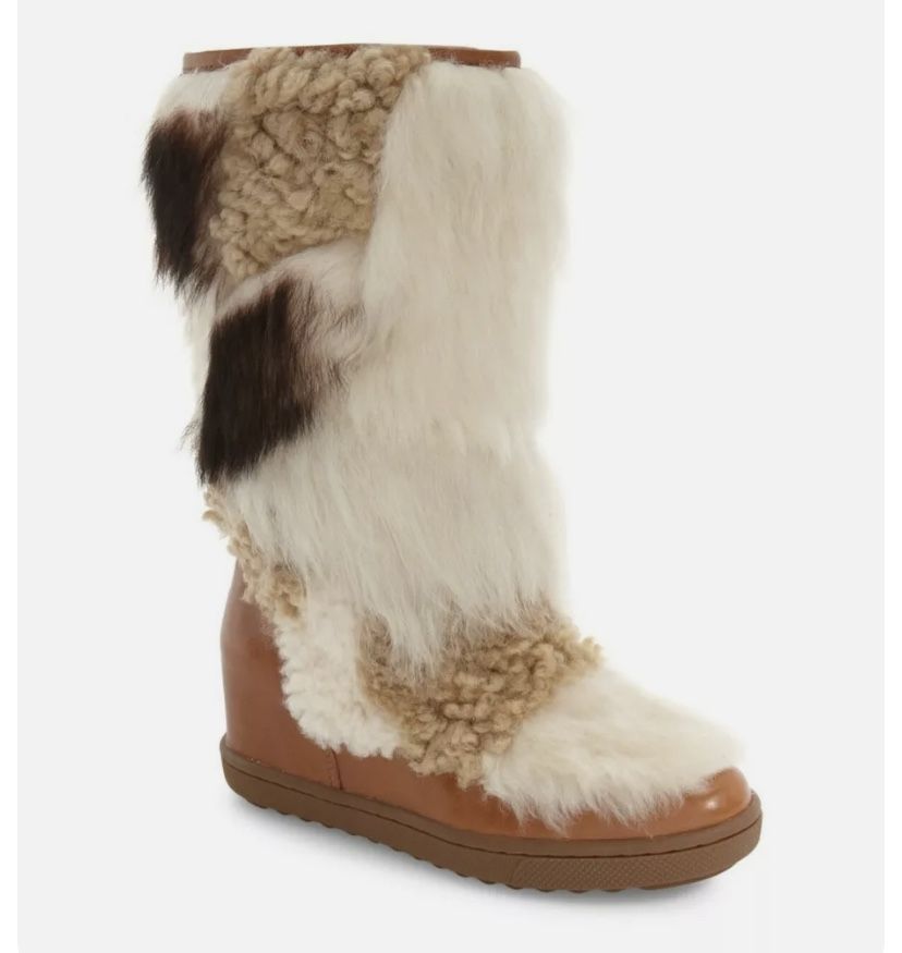 Coach Women's Morton Genuine Shearling Wedge Boot Size 6.5 Saddle/Natural Leather
