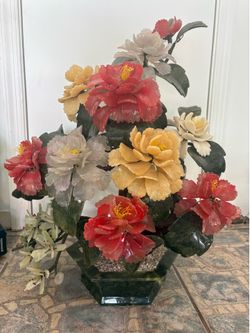 Large Jade Quartz and Hardstone Tree with Colorful Flowers