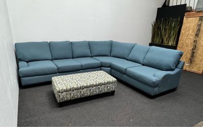Living Spaces 3-Piece Sectional Sofa + Ottoman | Freshly Cleaned | 11.5’ x 9’ Teal Blue | Delivery Available