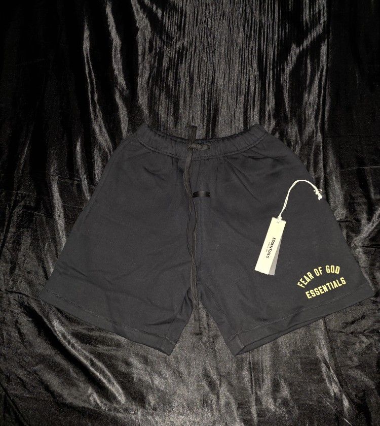 Fear Of God Essentials Soccer Fleece Shorts, Black W/ Gold Lettering, Sizes M & L