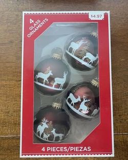 Vtg 4 Mercury Glass White Glitter Deer & Forest Stencil Ornaments