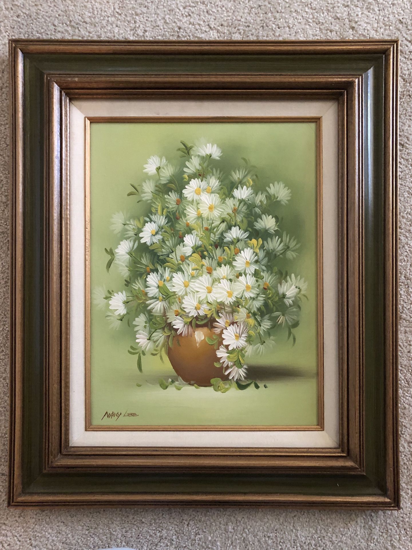 Framed Oil Painting of Daises in Vase on Canvas by Nancy Lee. 20 inches wide by 24 inches tall.